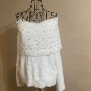 Women’s Faux Fur Embellished Off the Shoulder Sweater
